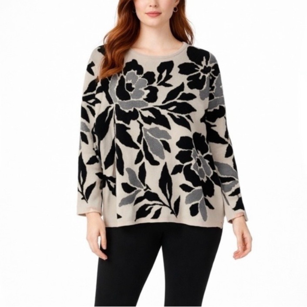 ALFRED DUNNER Beige/Black/Gray Floral Knit Sweater with Subtle Stone Accents NWT